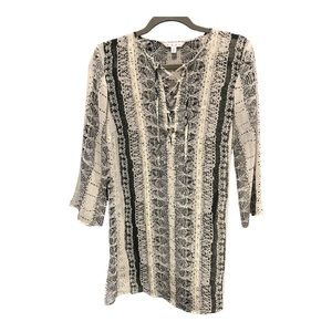 CABI tunic sheer sleeved blouse front tie lace up long top